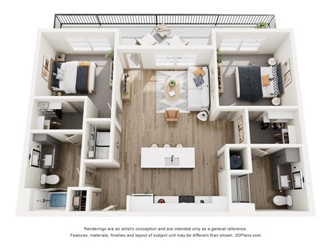 A 3D floor plan of a small apartment with a kitchen, living room, and two bedrooms.